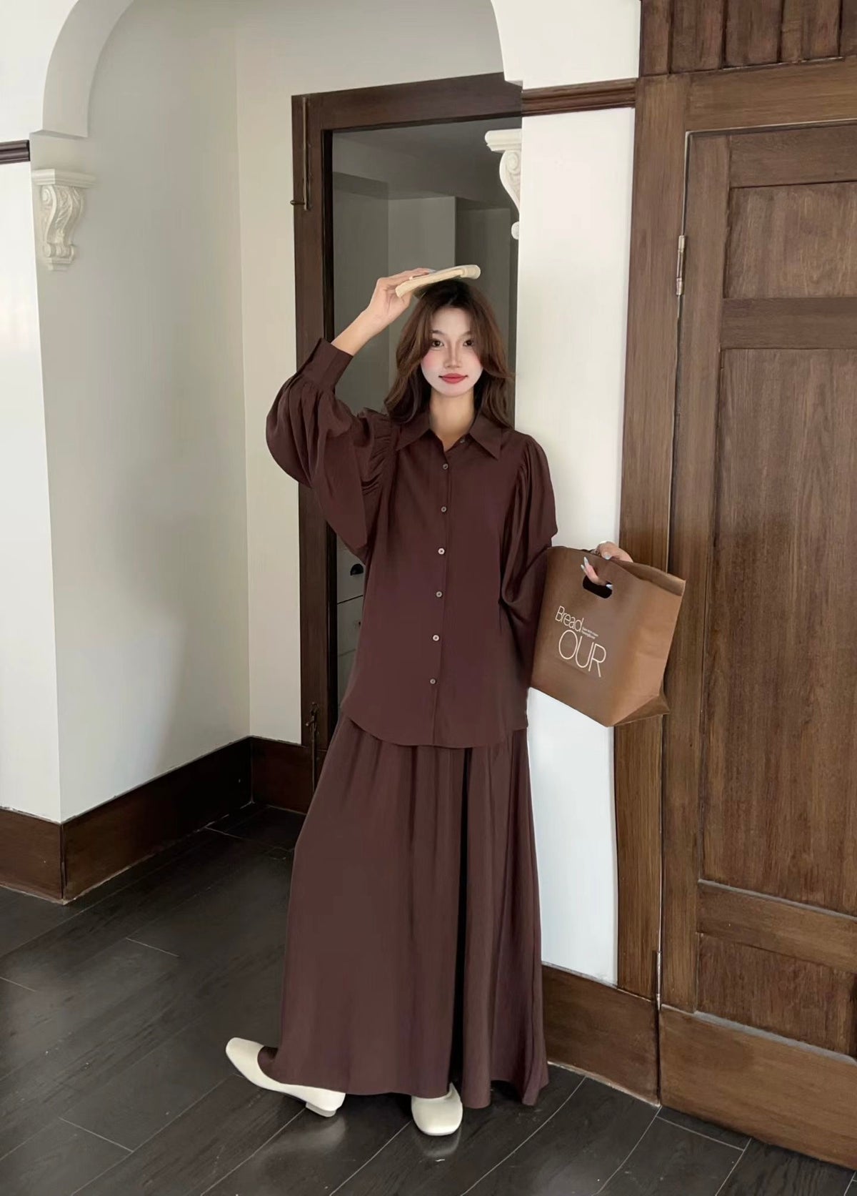 Gathered Sleeve Shirt & Flow Maxi Skirt Set