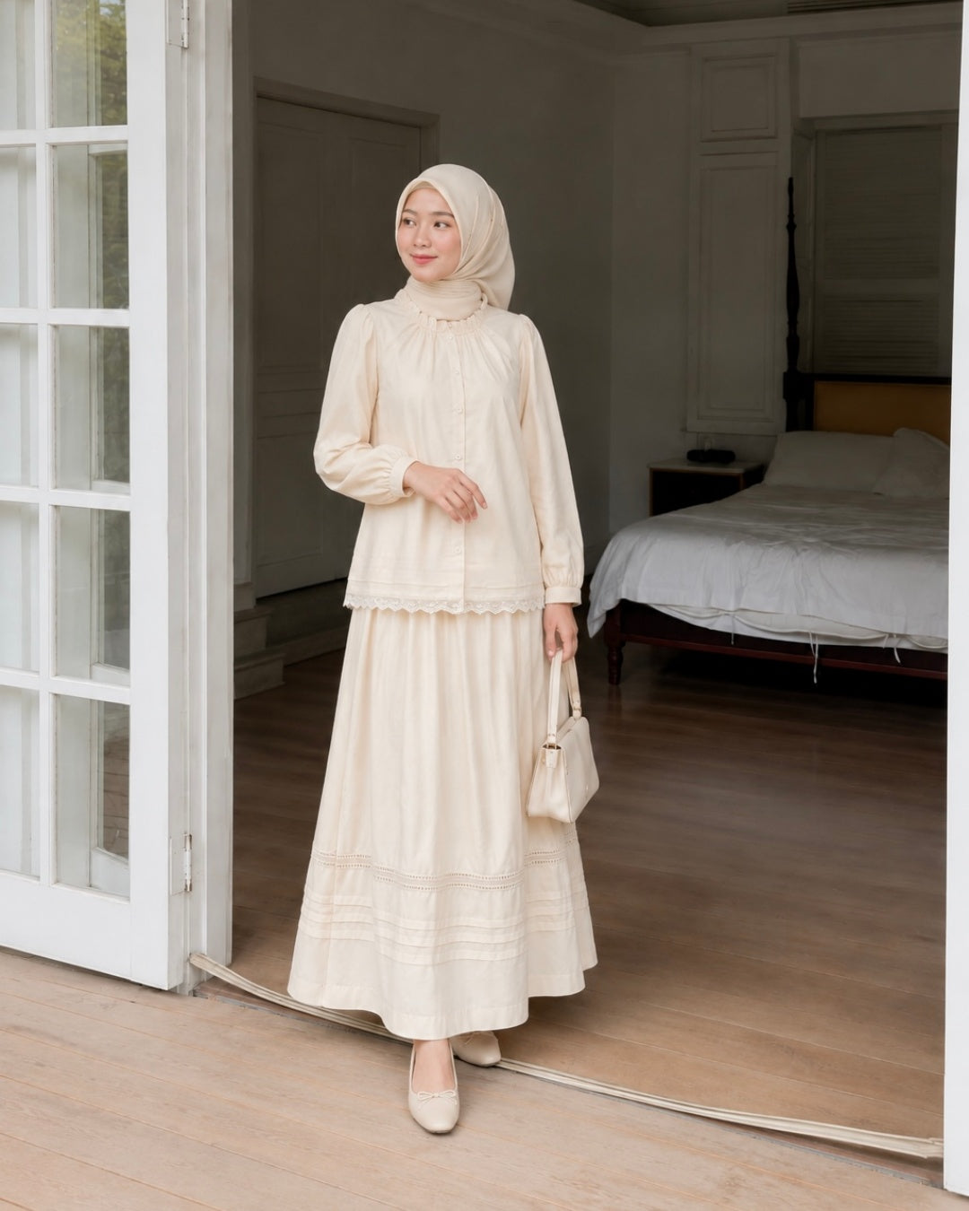 Pure Cotton Lace Trim Blouse & Maxi Skirt Set