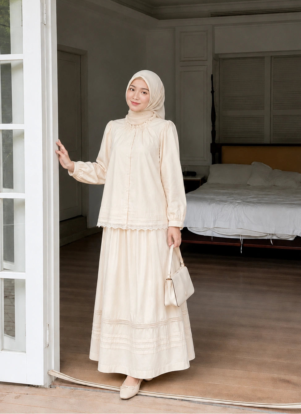Pure Cotton Lace Trim Blouse & Maxi Skirt Set