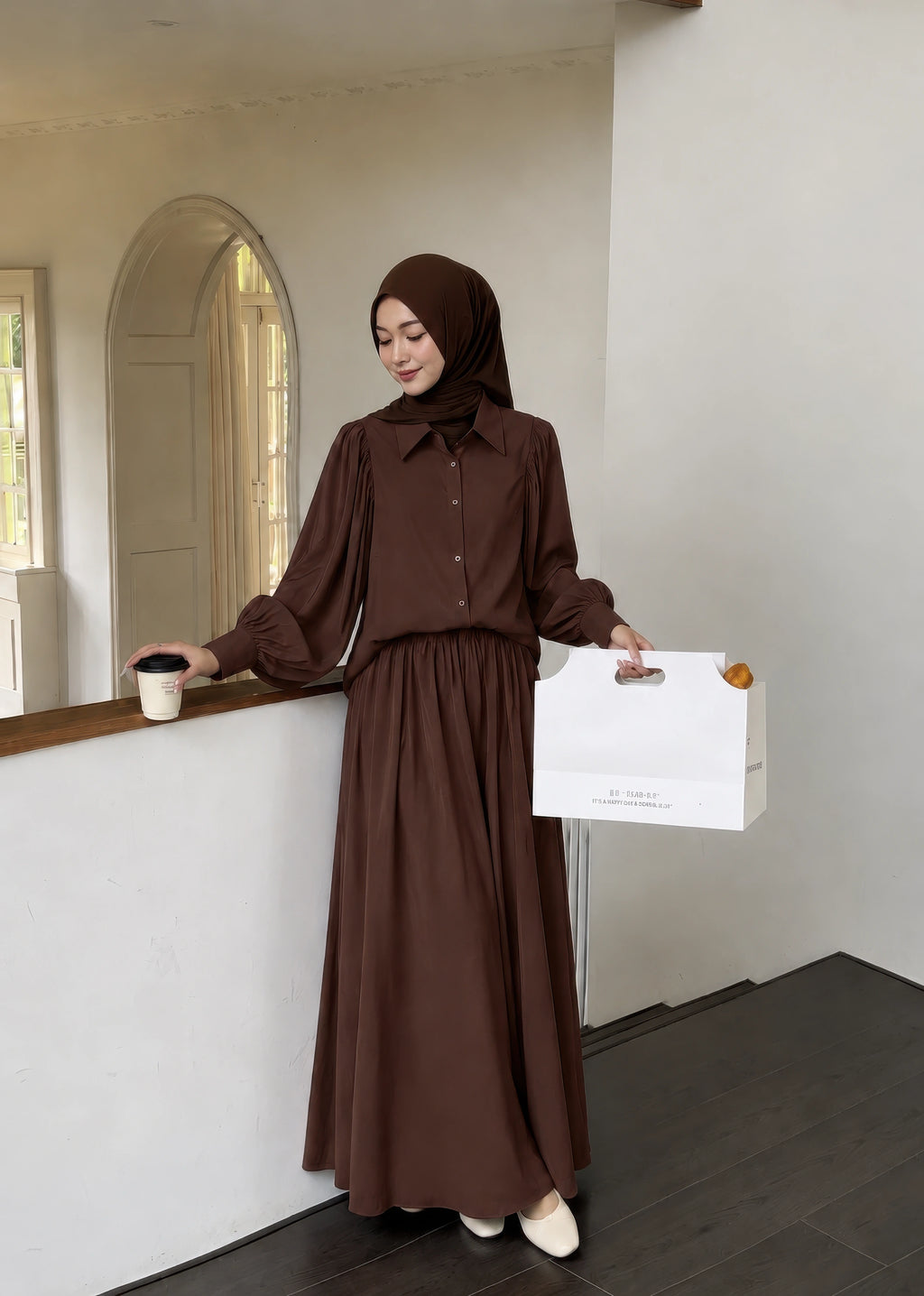 Gathered Lantern Sleeve Shirt & Flow Maxi Skirt