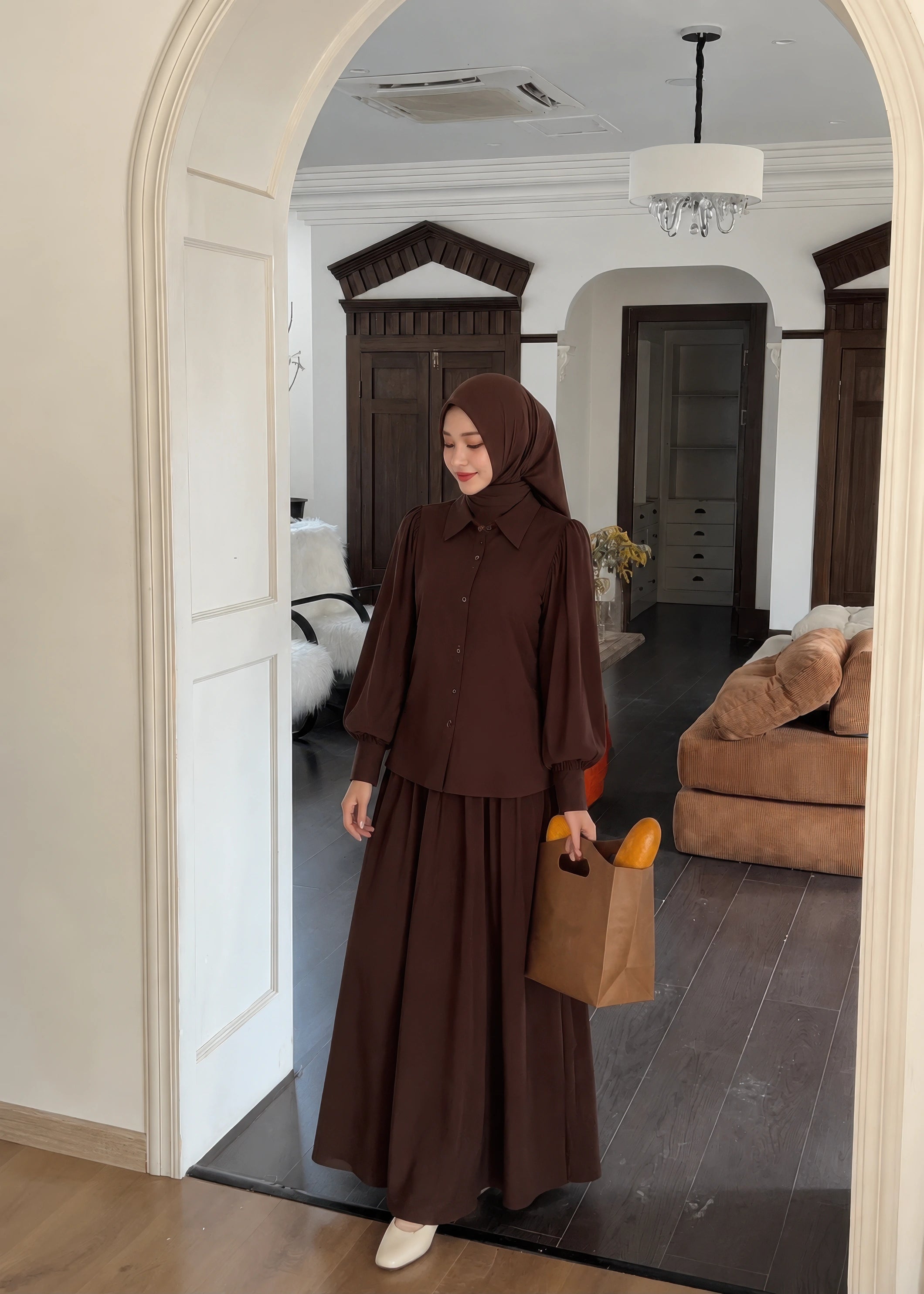 Gathered Lantern Sleeve Shirt & Flow Maxi Skirt