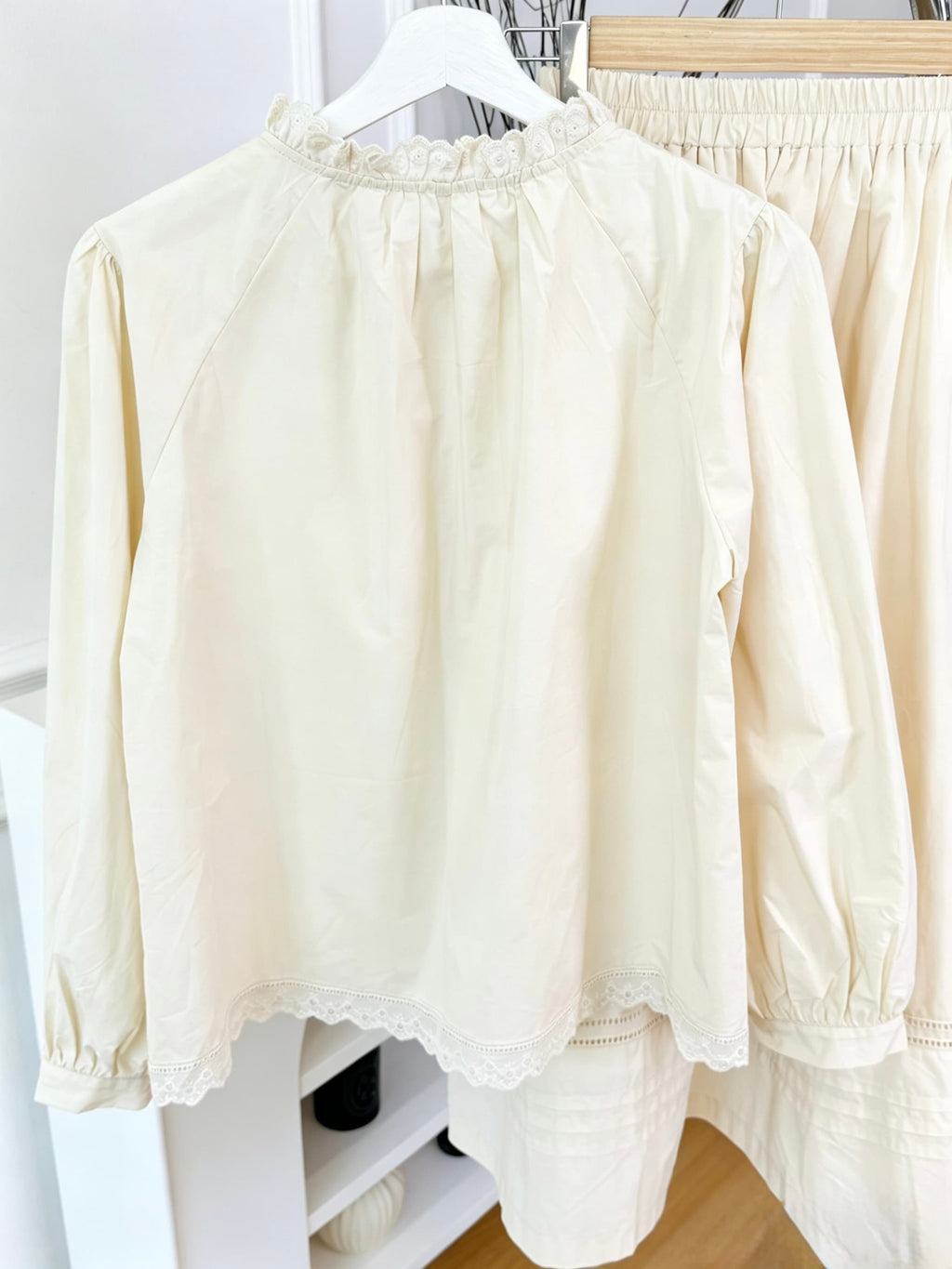 Pure Cotton Lace Trim Blouse & Maxi Skirt Set