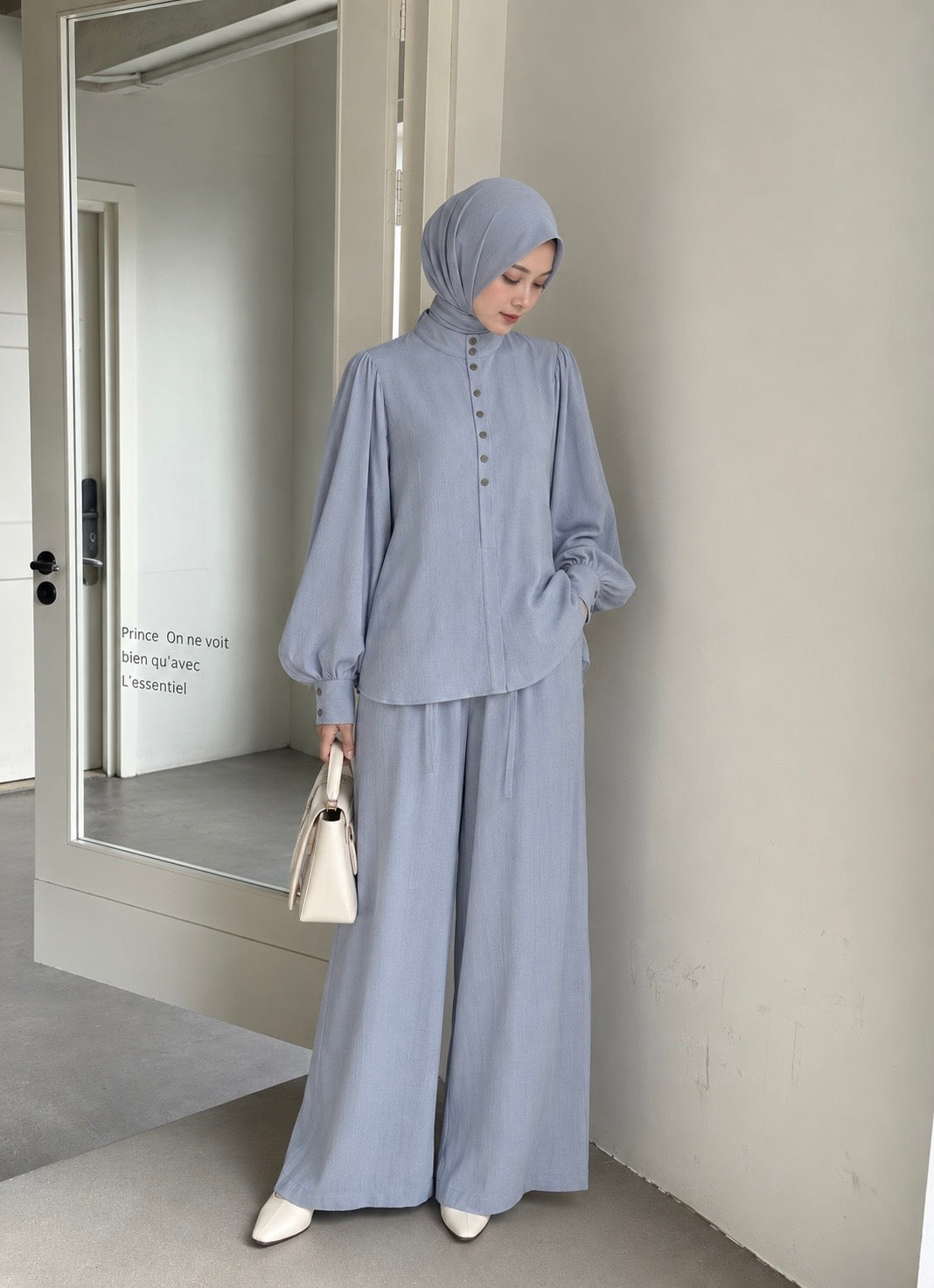 Buttoned Stand-Collar Blouse & Wide-Leg Pants Set
