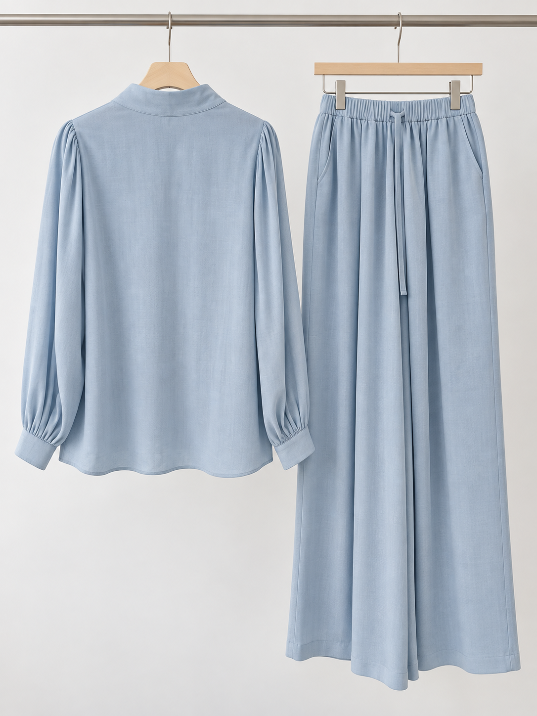 Buttoned Stand-Collar Blouse & Wide-Leg Pants Set
