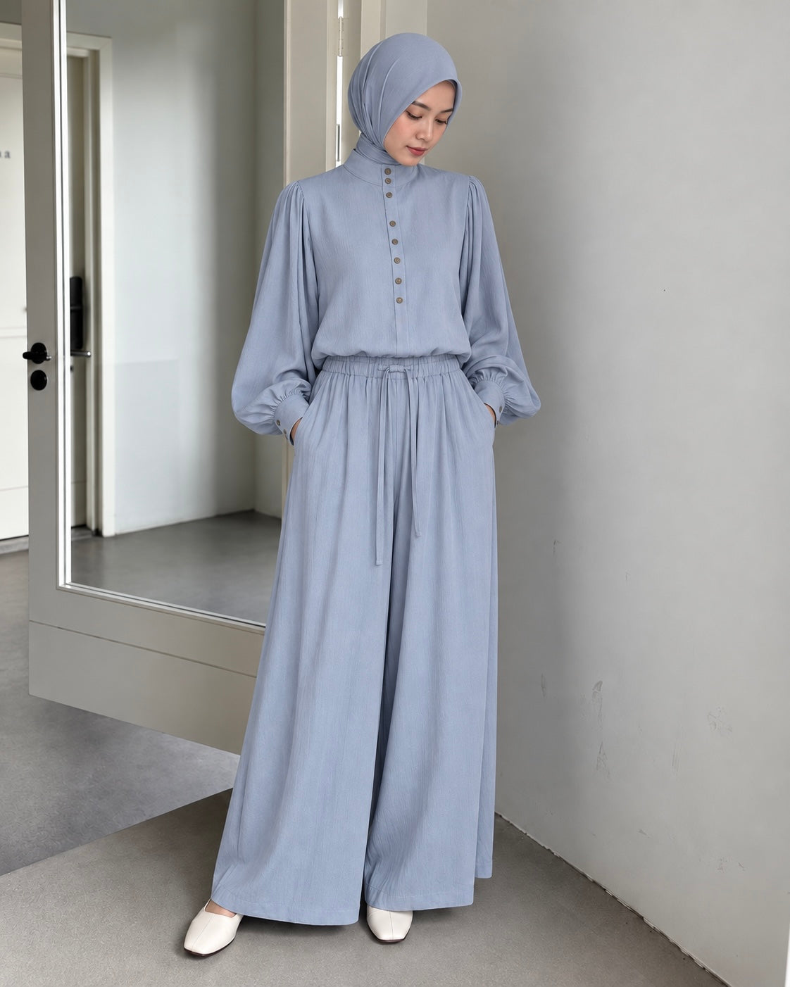 Buttoned Stand-Collar Blouse & Wide-Leg Pants Set