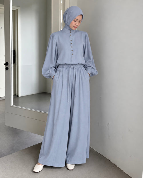 Buttoned Stand-Collar Blouse & Wide-Leg Pants Set