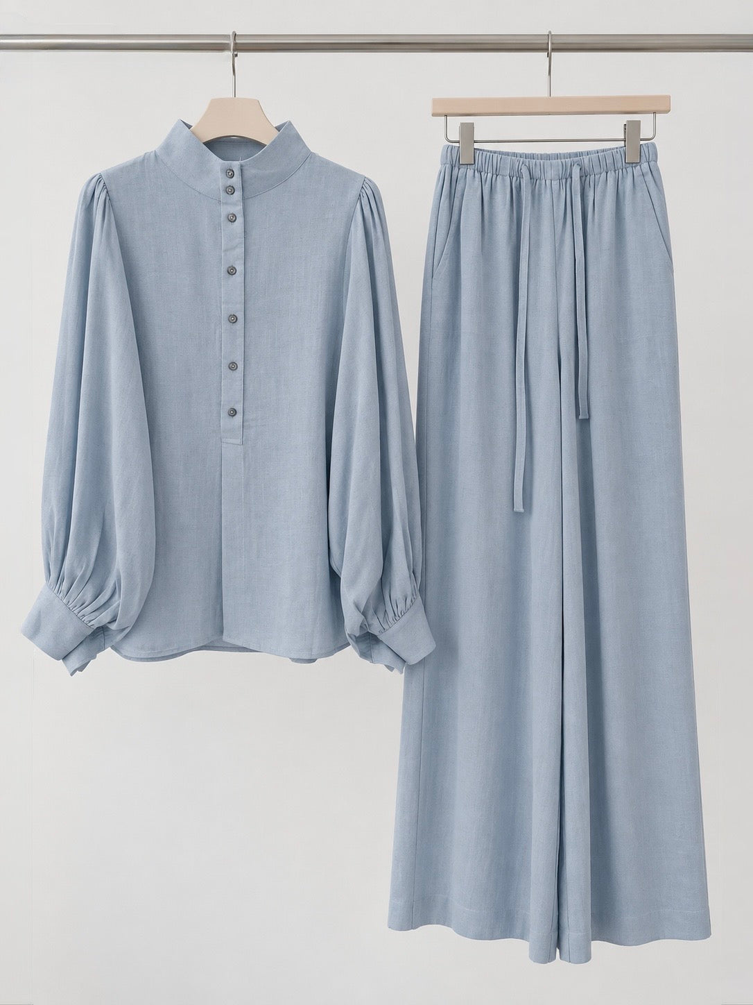 Buttoned Stand-Collar Blouse & Wide-Leg Pants Set