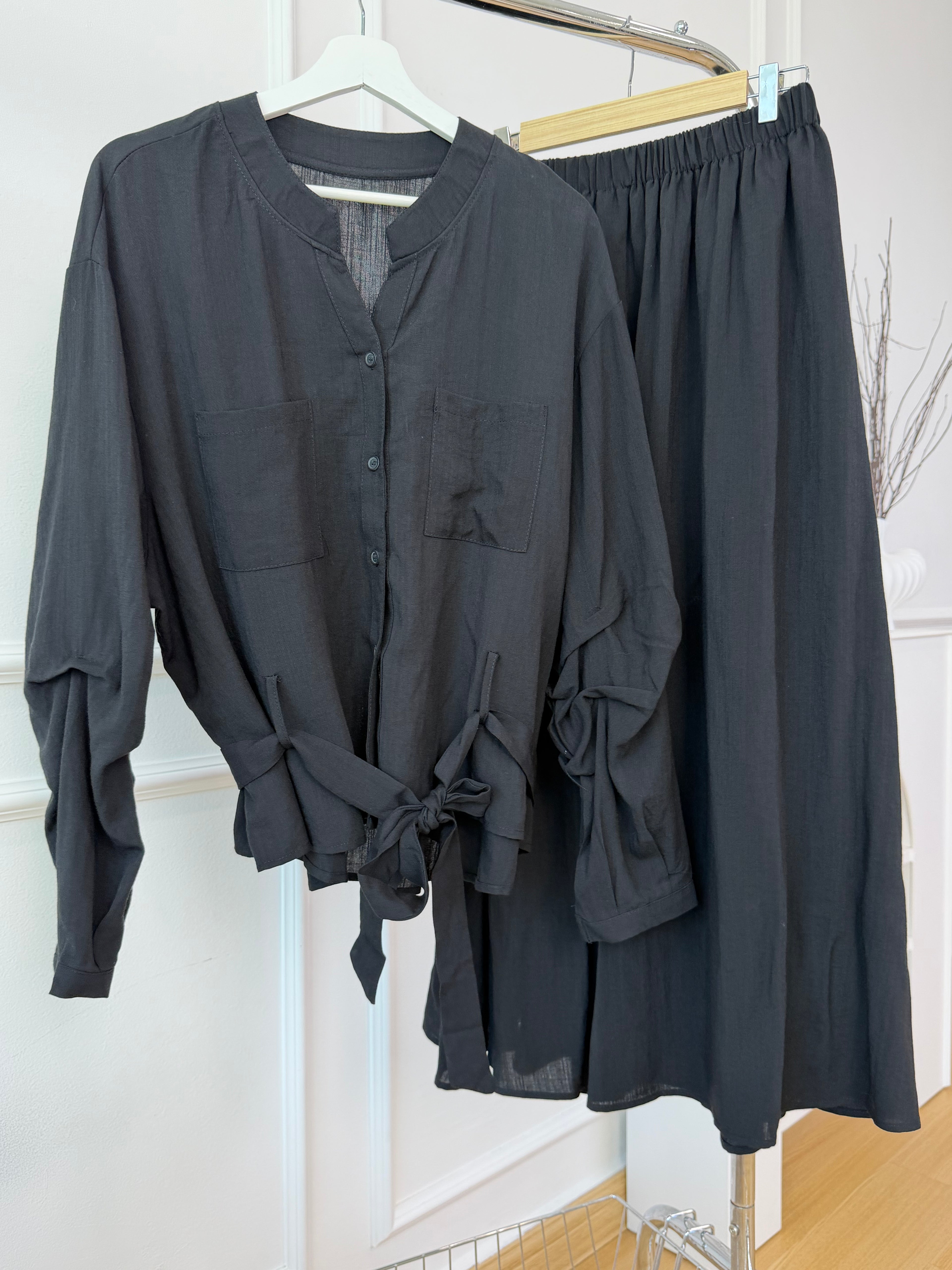 Minimalist Linen Set Stand Collar Belted Shirt & Long Skirt