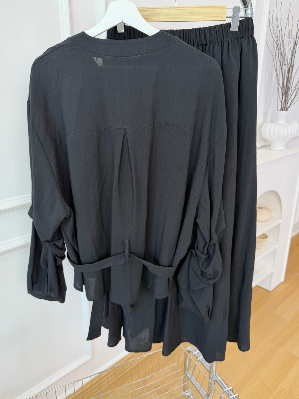 Minimalist Linen Set Stand Collar Belted Shirt & Long Skirt