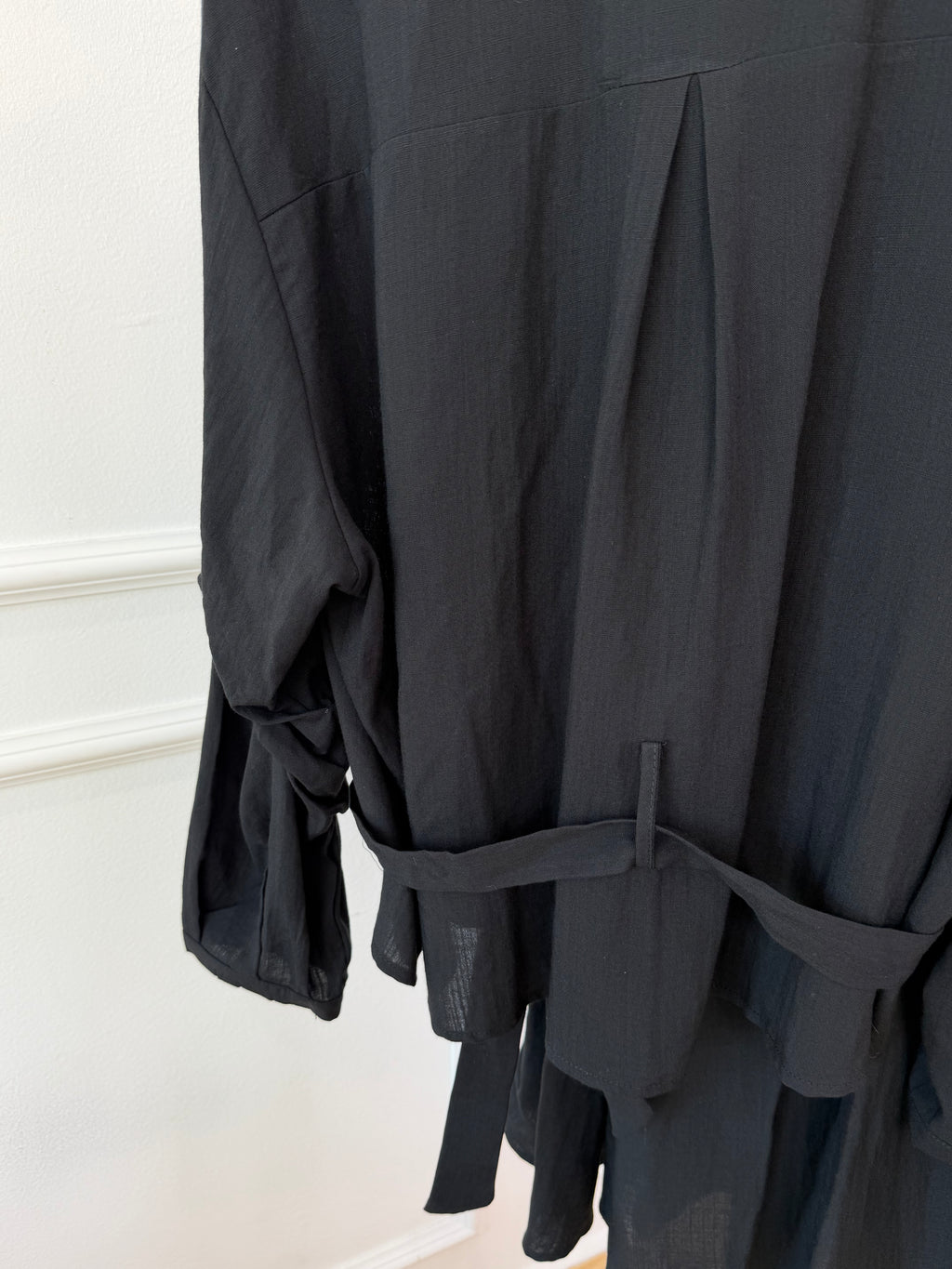 Minimalist Linen Set Stand Collar Belted Shirt & Long Skirt