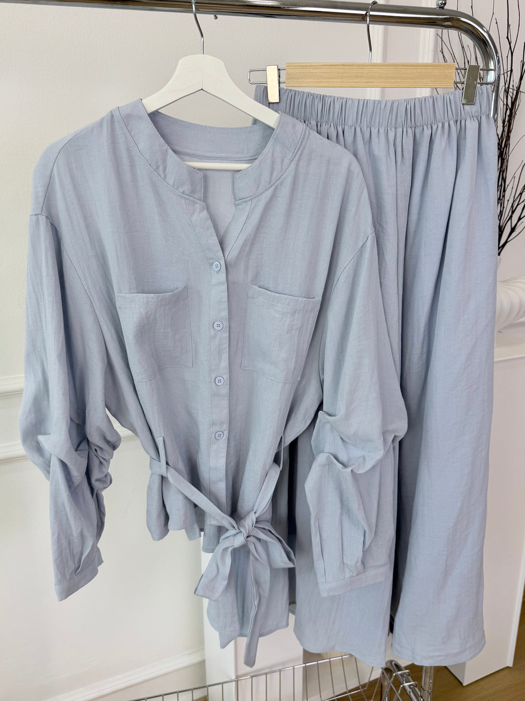 Minimalist Linen Set Stand Collar Belted Shirt & Long Skirt
