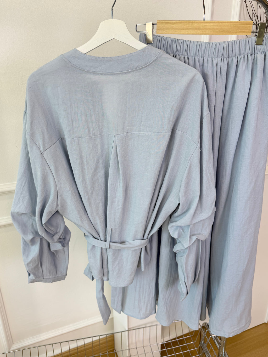 Minimalist Linen Set Stand Collar Belted Shirt & Long Skirt