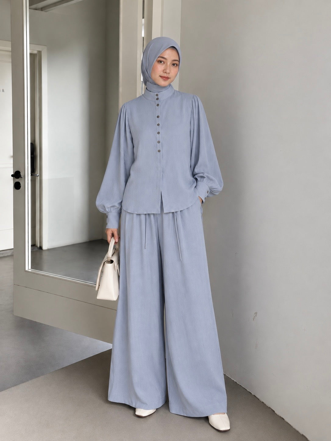 Buttoned Stand-Collar Blouse & Wide-Leg Pants Set