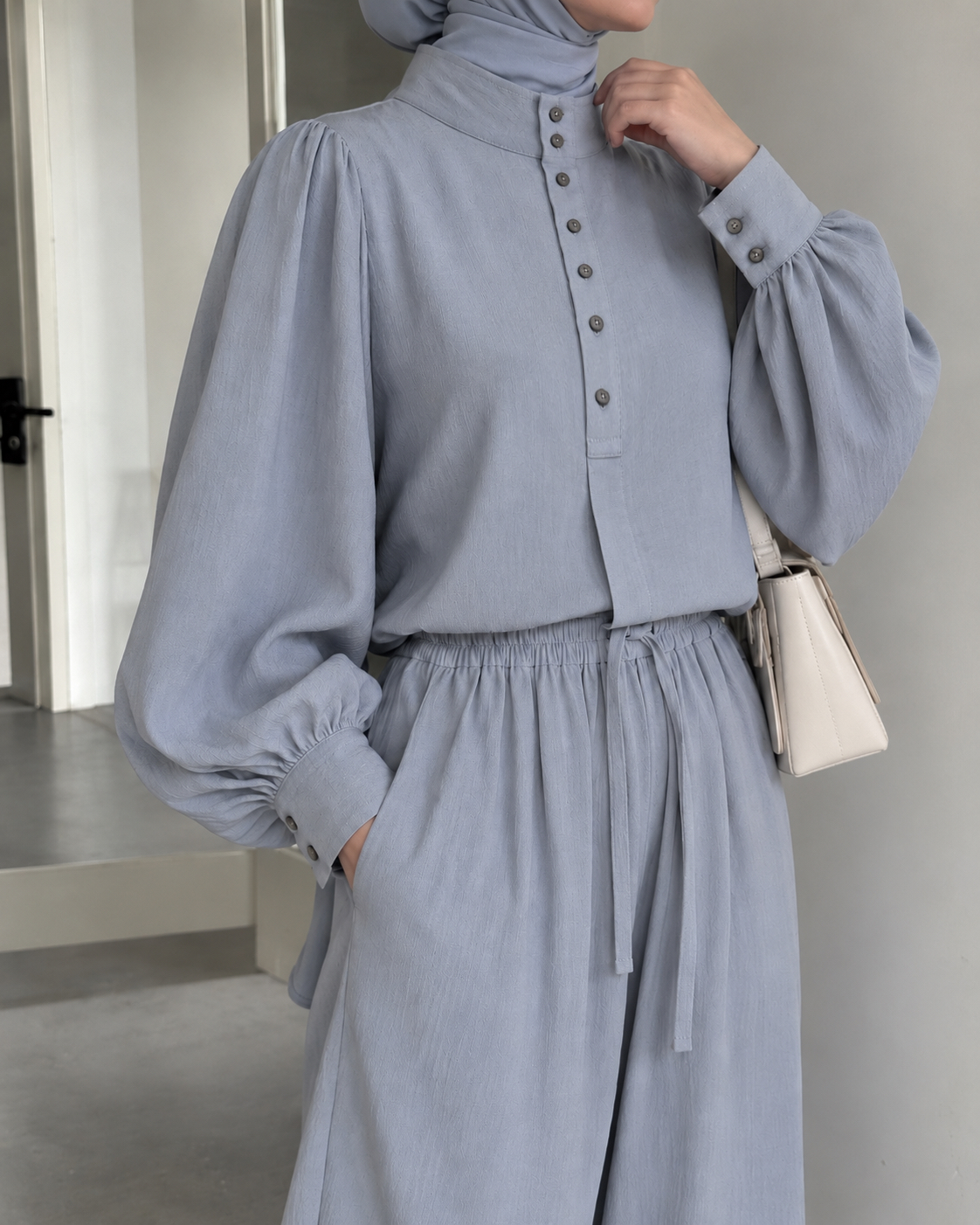 Buttoned Stand-Collar Blouse & Wide-Leg Pants Set