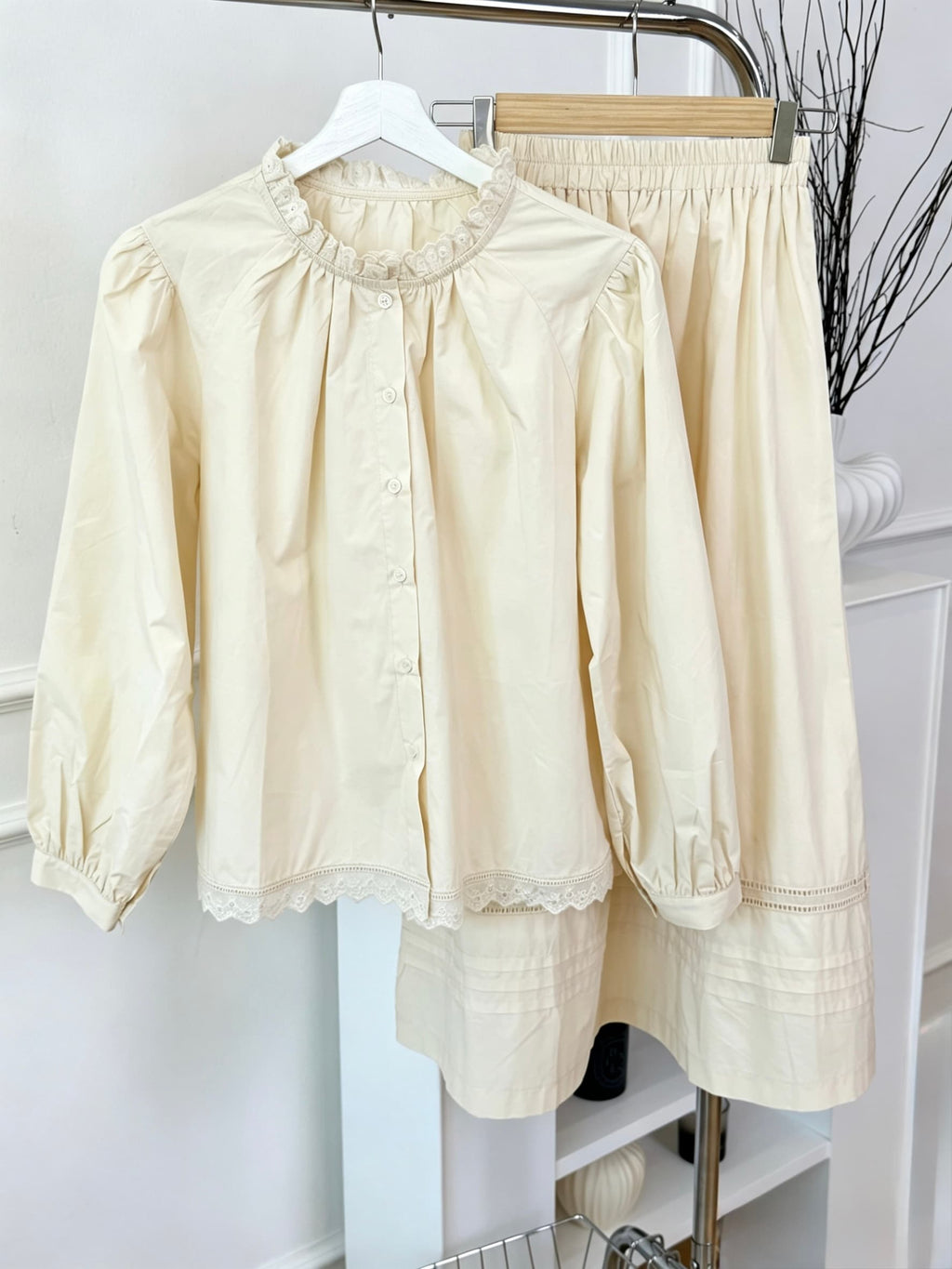 Pure Cotton Lace Trim Blouse & Maxi Skirt Set