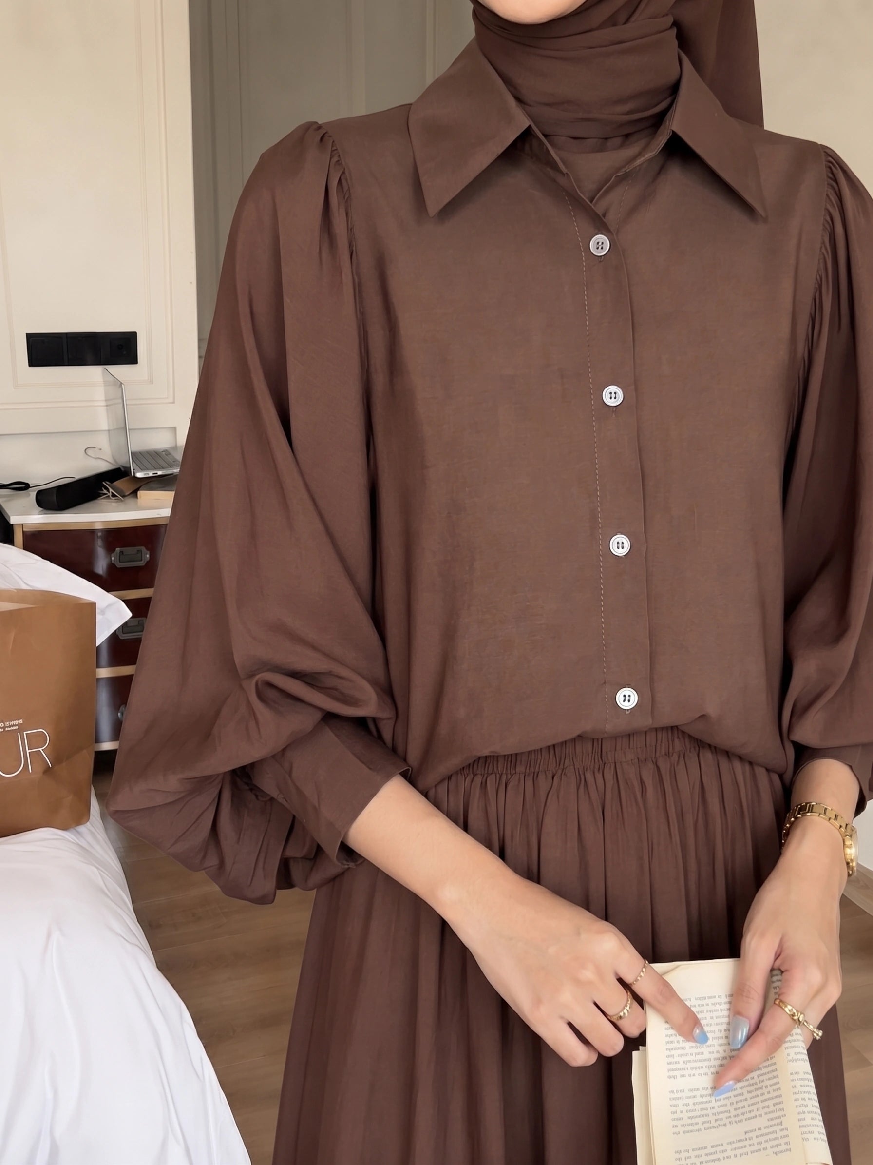 Gathered Lantern Sleeve Shirt & Flow Maxi Skirt