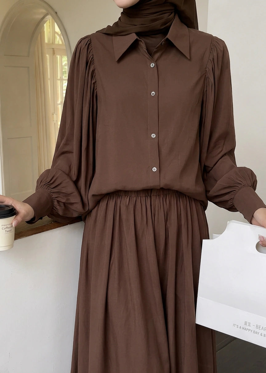 Gathered Lantern Sleeve Shirt & Flow Maxi Skirt